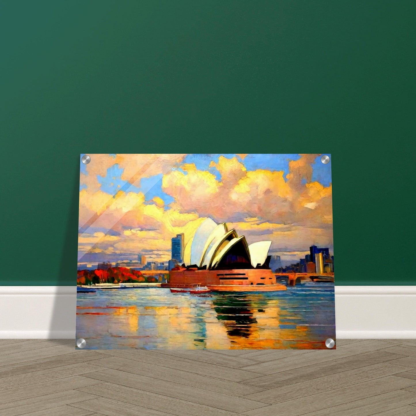 "A vibrant painting of the Sydney Opera House at sunset, with colorful clouds reflecting on the water, capturing the iconic structure and the city's skyline."