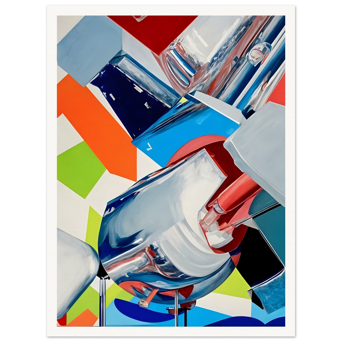 A futuristic composition featuring dynamic metallic structures reflecting bold hues of red, blue, green, and orange, set against a geometric background.