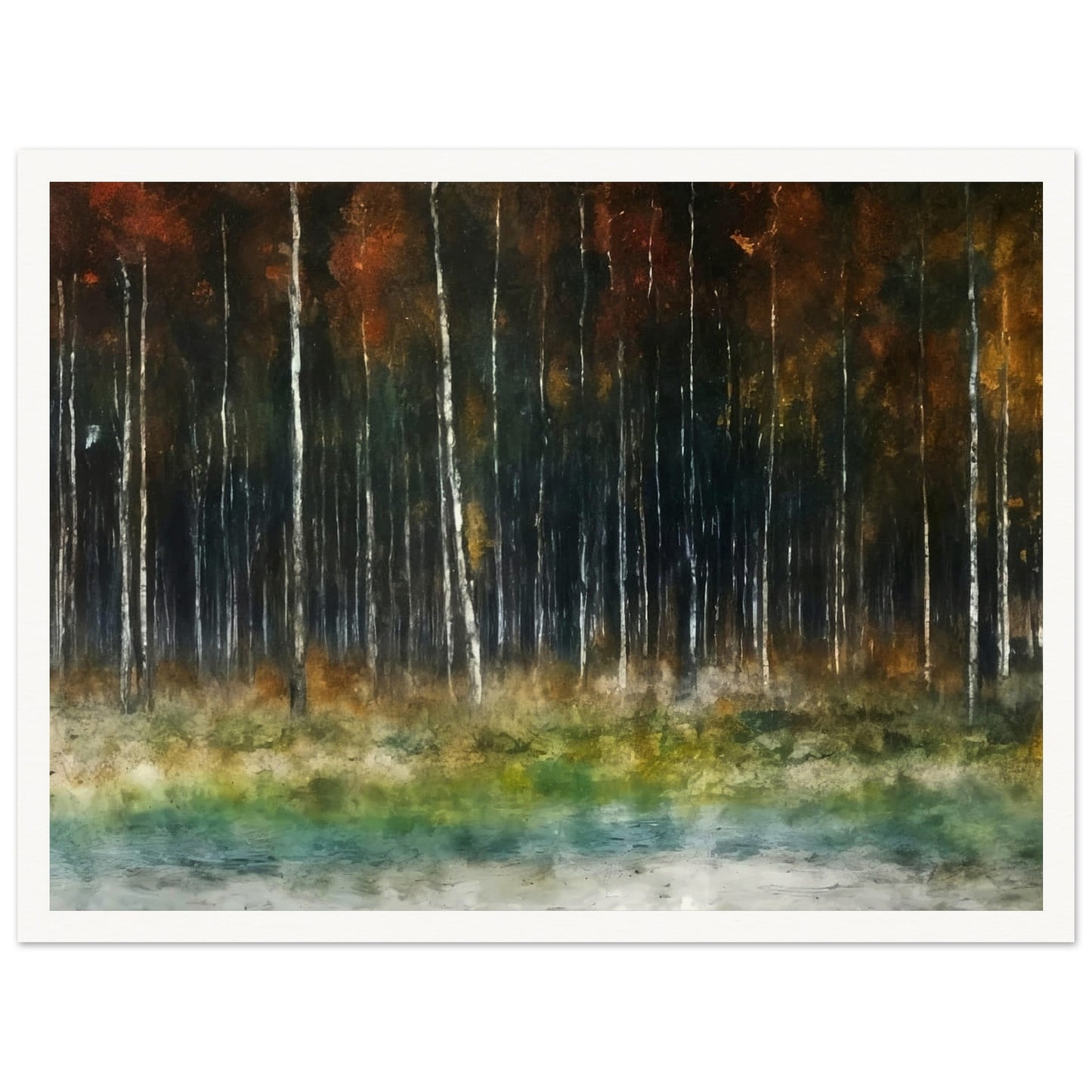 A serene landscape of a forest with tall, slender trees standing against a dark autumnal backdrop, surrounded by mist and soft earthy tones.