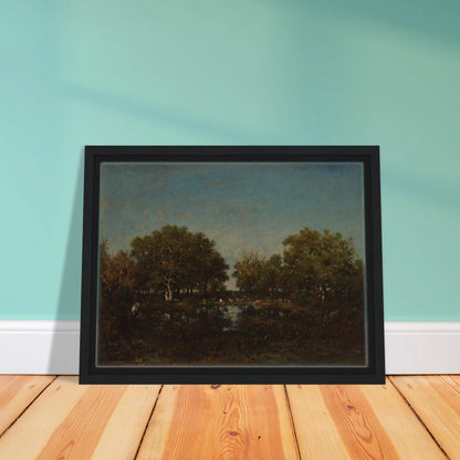Cattle gather beside a reflective woodland pool beneath dense trees and a wide blue sky.