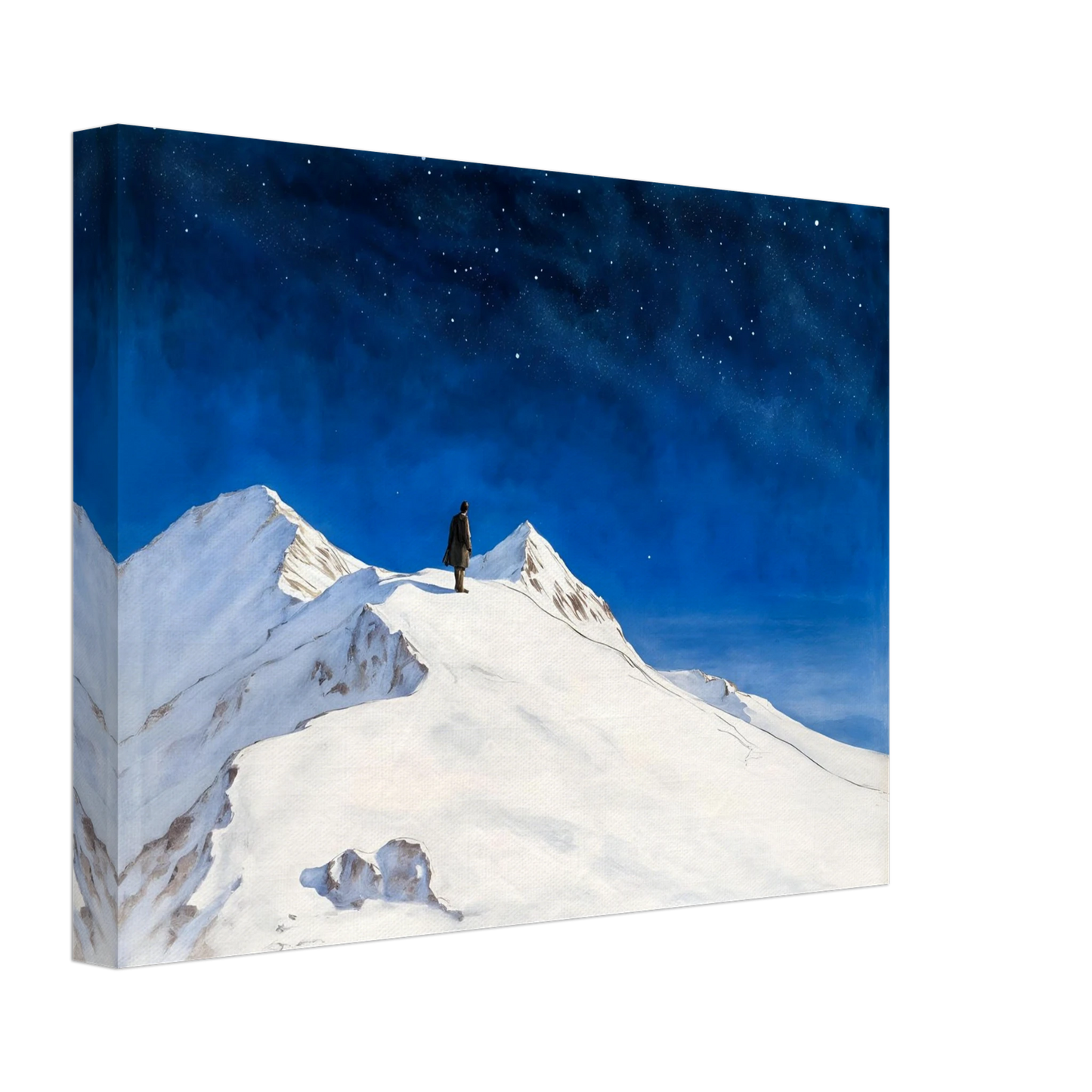 Solitary figure stands atop snowy mountain peaks beneath a vast starlit sky, evoking wonder, silence, and the grandeur of night.