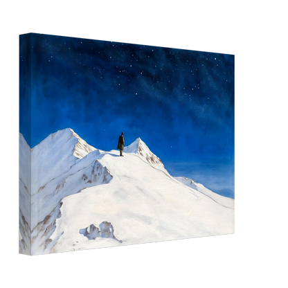 Solitary figure stands atop snowy mountain peaks beneath a vast starlit sky, evoking wonder, silence, and the grandeur of night.