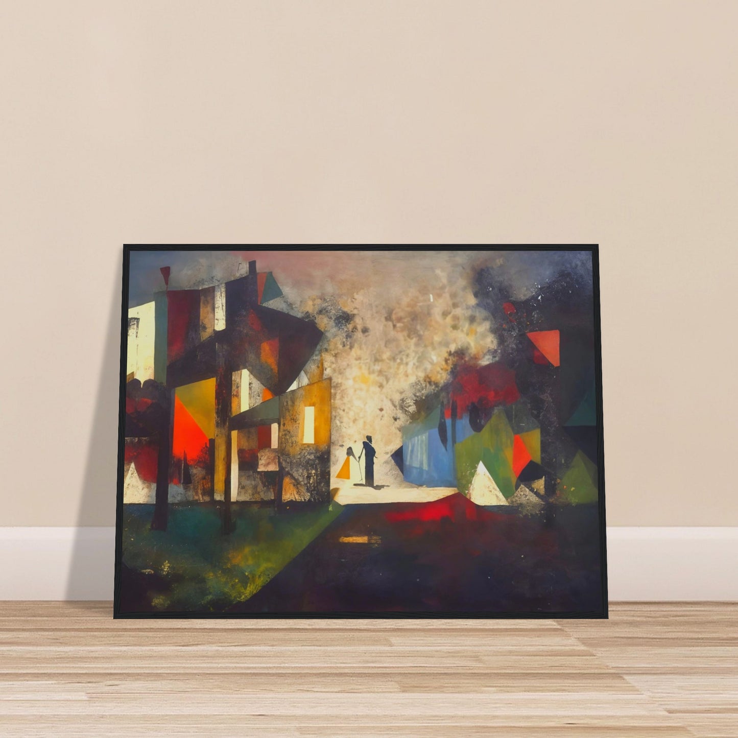 Abstract painting with silhouettes of two figures in a fragmented geometric cityscape, featuring vibrant hues of red, blue, and yellow.