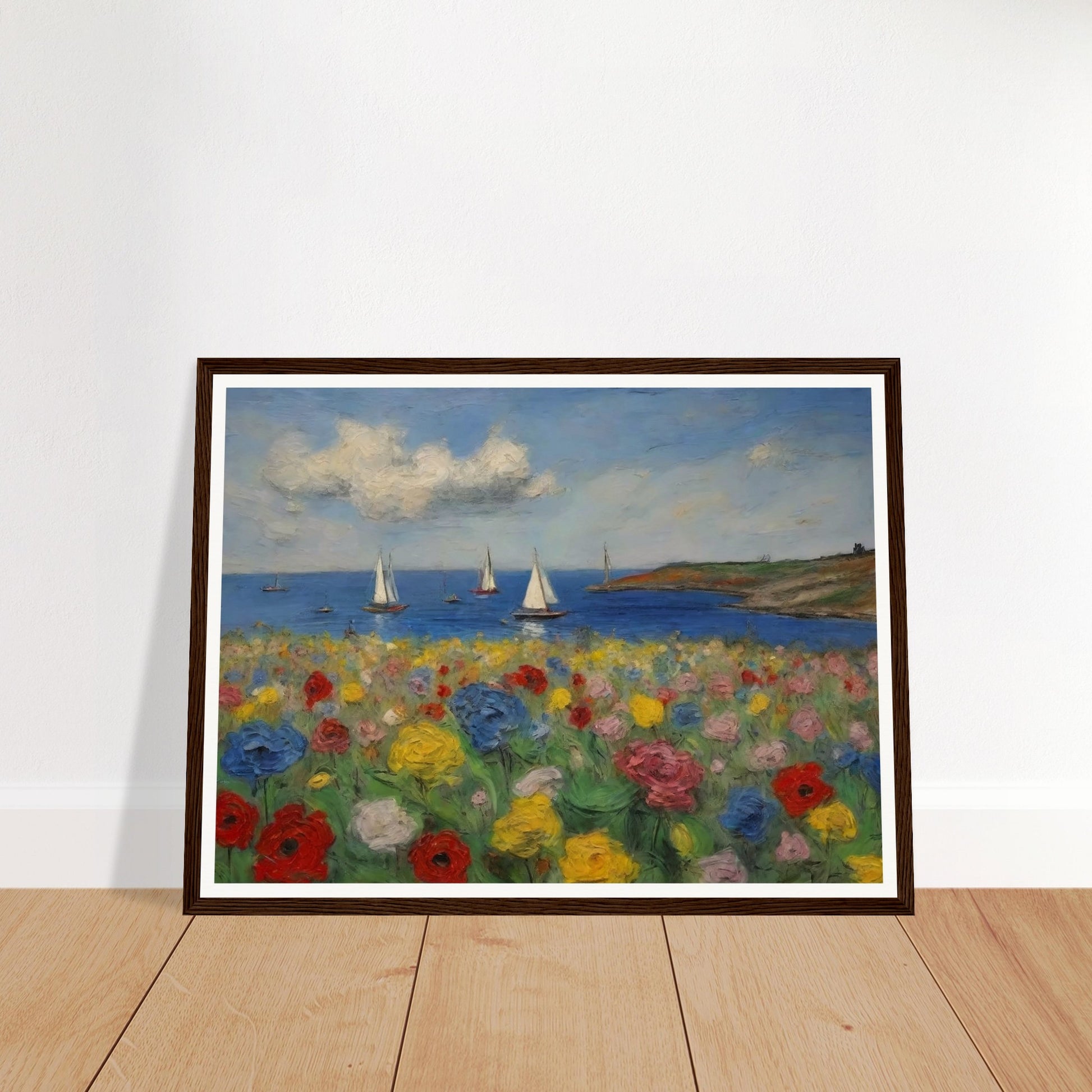 A vibrant painting of colorful flowers in the foreground with sailboats on the calm sea and a scenic coastline in the background.