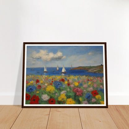 A vibrant painting of colorful flowers in the foreground with sailboats on the calm sea and a scenic coastline in the background.