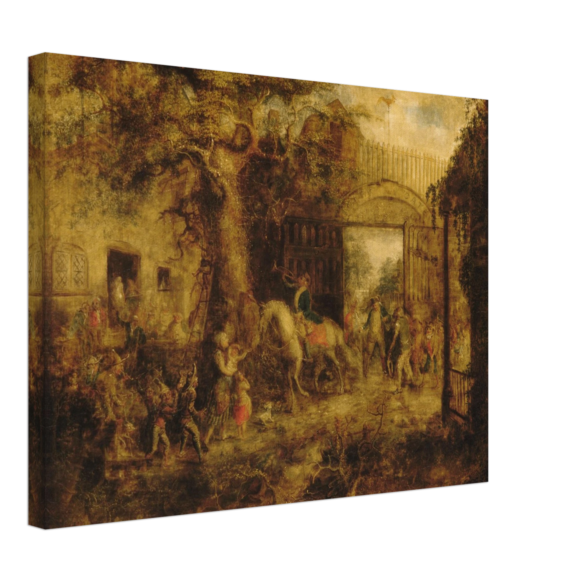 Busy scene at Wall Street Gate with horses, children, figures, and golden trees