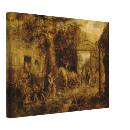 Busy scene at Wall Street Gate with horses, children, figures, and golden trees