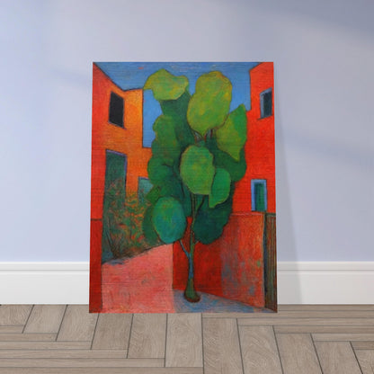 A vibrant painting depicting a green tree in the courtyard of red buildings. The bold colors and abstract style create a lively and dynamic urban scene.