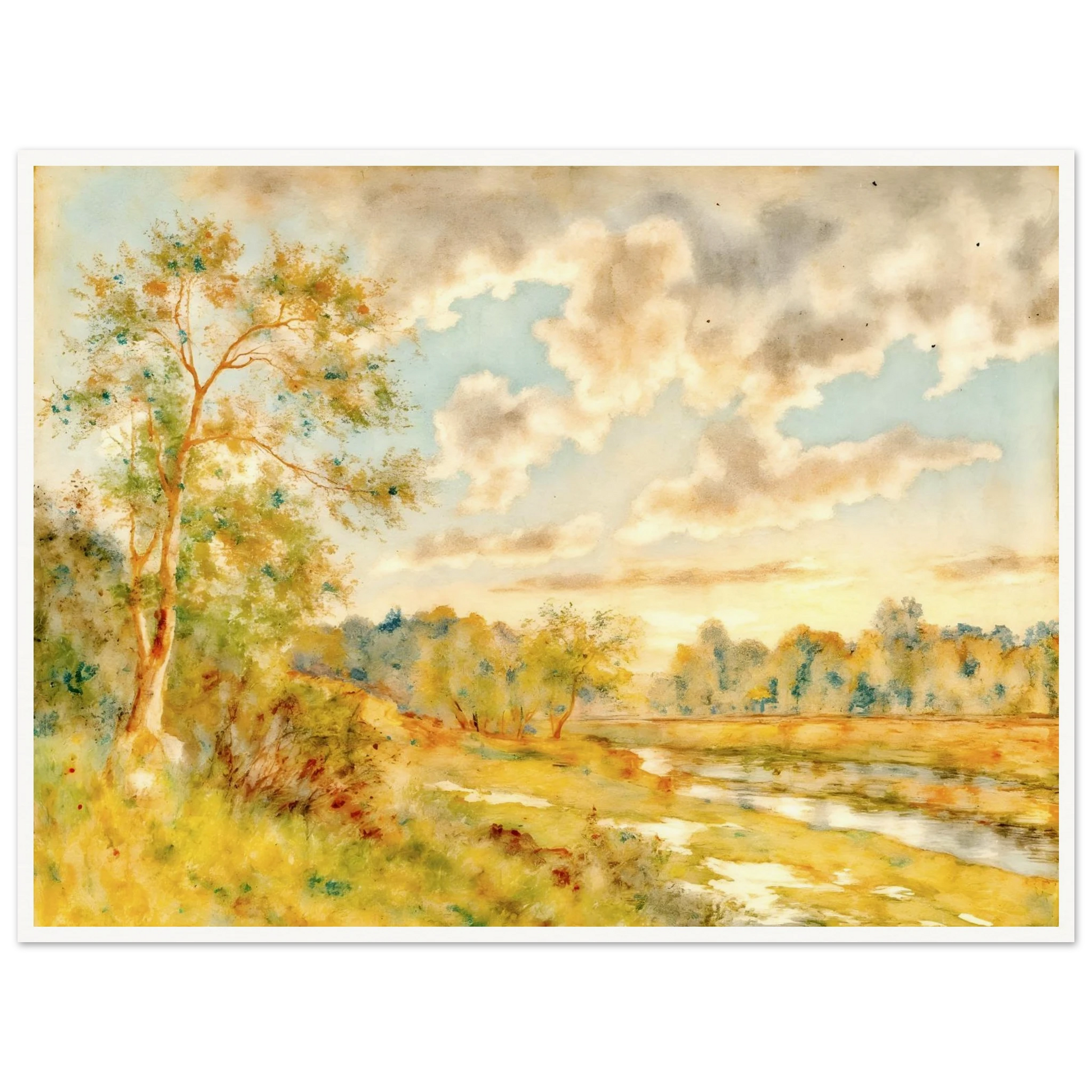Soft golden meadow beside a reflective river beneath luminous clouds, with delicate trees and warm pastoral light in an airy landscape.