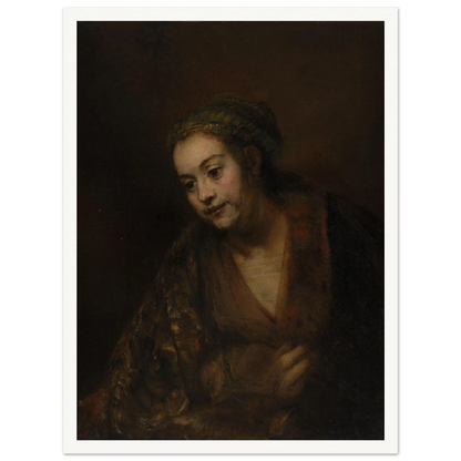 A softly lit woman looks downward while holding her robe against a dark brown background.