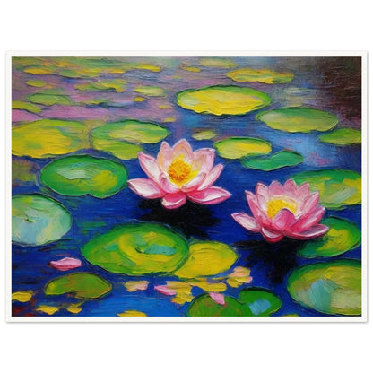 A vibrant painting of two pink water lilies floating among green lily pads on a serene blue pond.