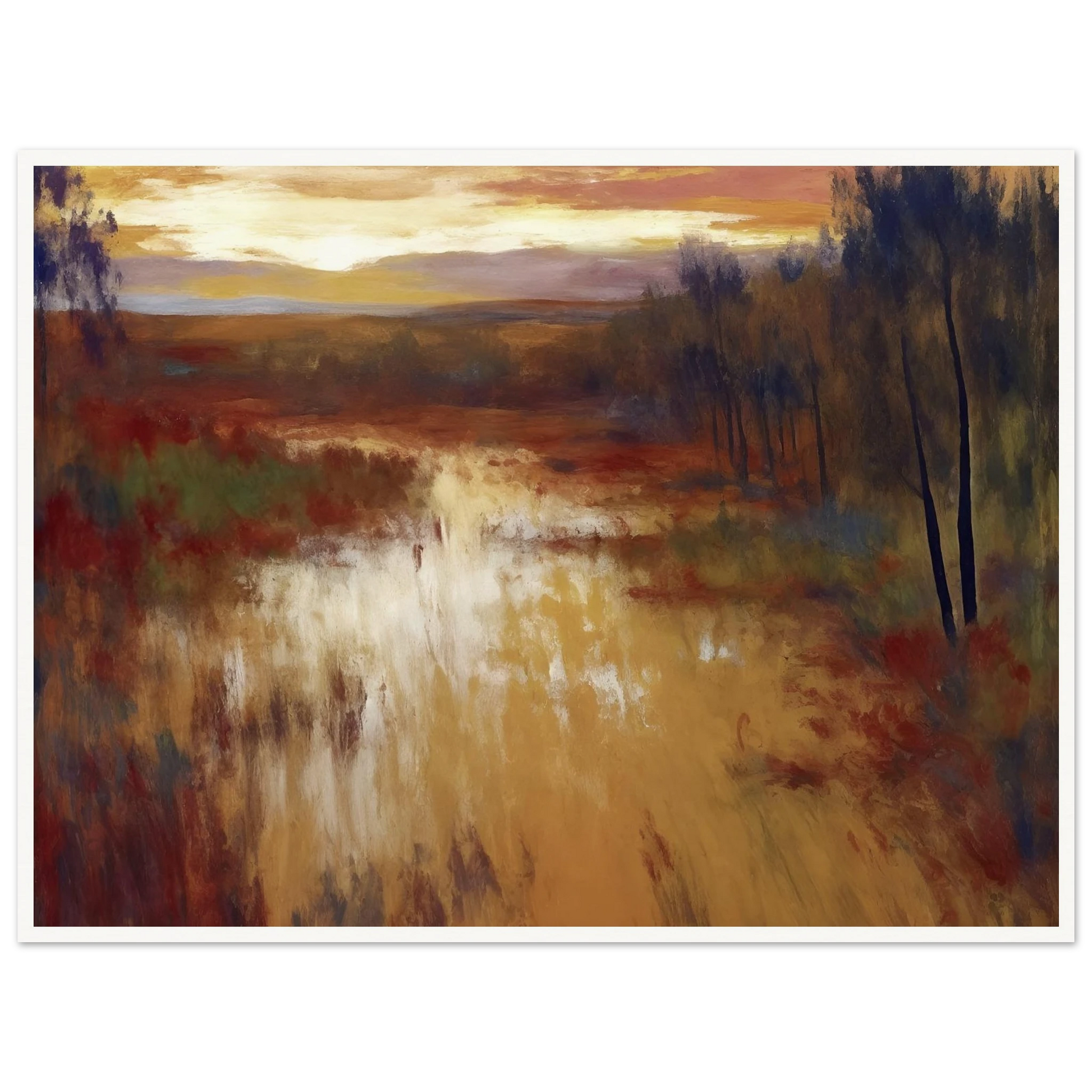 An atmospheric landscape painting depicting a calm marsh or river at sunset, with golden reflections on the water, autumn-toned grasses, and a line of slender trees beneath a glowing evening sky.