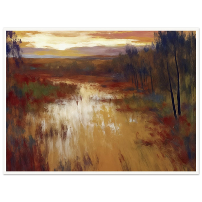 An atmospheric landscape painting depicting a calm marsh or river at sunset, with golden reflections on the water, autumn-toned grasses, and a line of slender trees beneath a glowing evening sky.