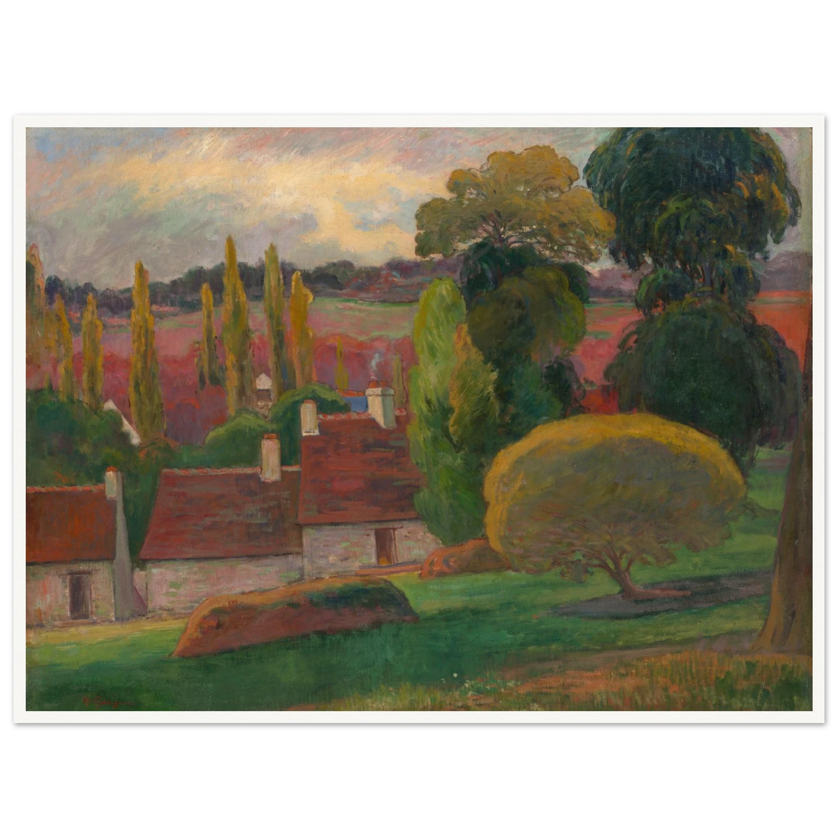 A Breton village with red-roofed houses and tall trees sits beneath a soft pastel sky.