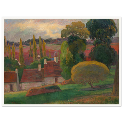 A Breton village with red-roofed houses and tall trees sits beneath a soft pastel sky.
