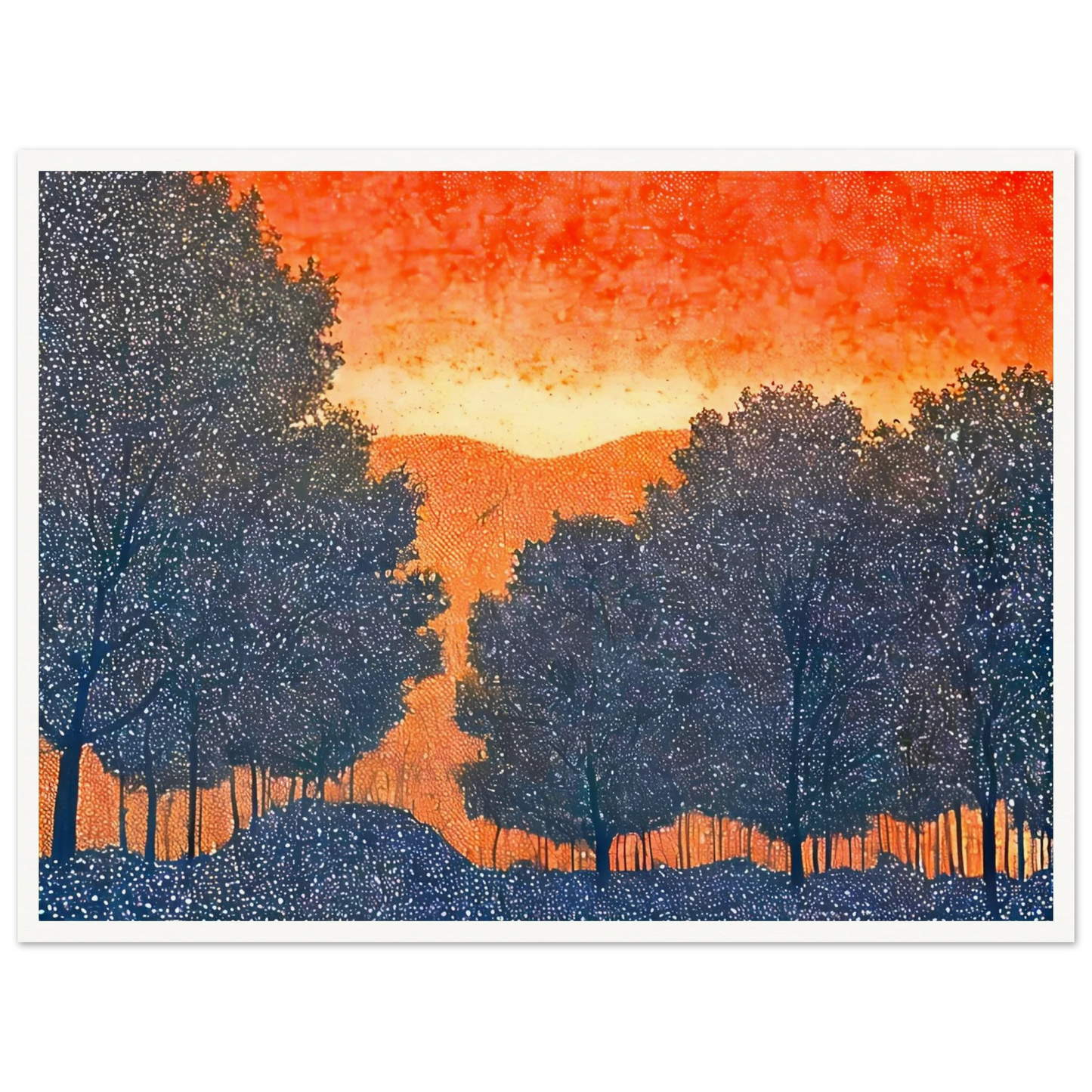Silhouettes of trees in deep blue frame a vivid orange sky, evoking a fiery sunset over quiet hills dotted with tiny white specks.