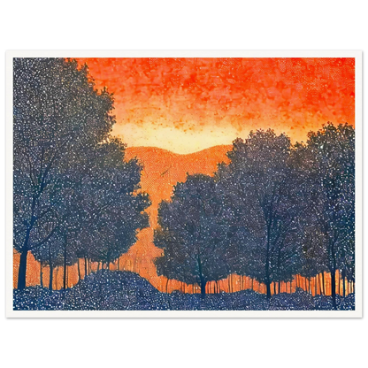 Silhouettes of trees in deep blue frame a vivid orange sky, evoking a fiery sunset over quiet hills dotted with tiny white specks.