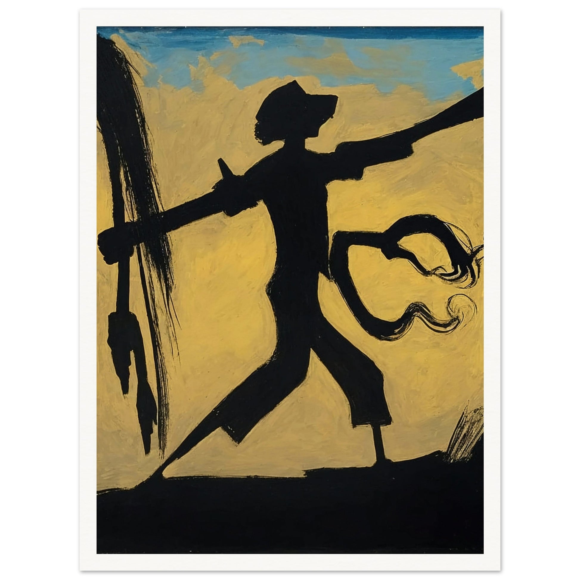 A dynamic silhouette of a warrior holding a spear against a warm, abstract background, capturing movement and strength.