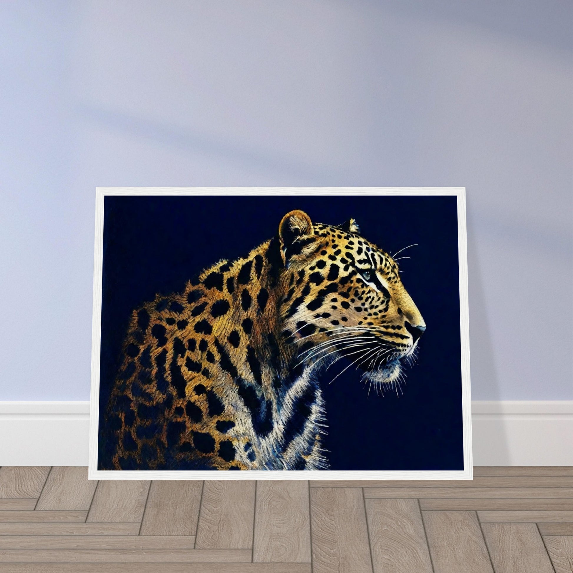 A detailed painting of a leopard against a dark background, showcasing its beautiful spotted coat and intense gaze.