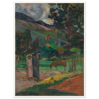 Tahitian landscape with two figures, a horse, palm trees, and mountains