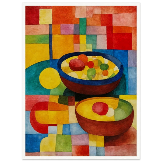 Brightly colored bowls filled with vibrant fruits rest on a multicolored geometric surface, surrounded by warm and cool hues in a mosaic style.