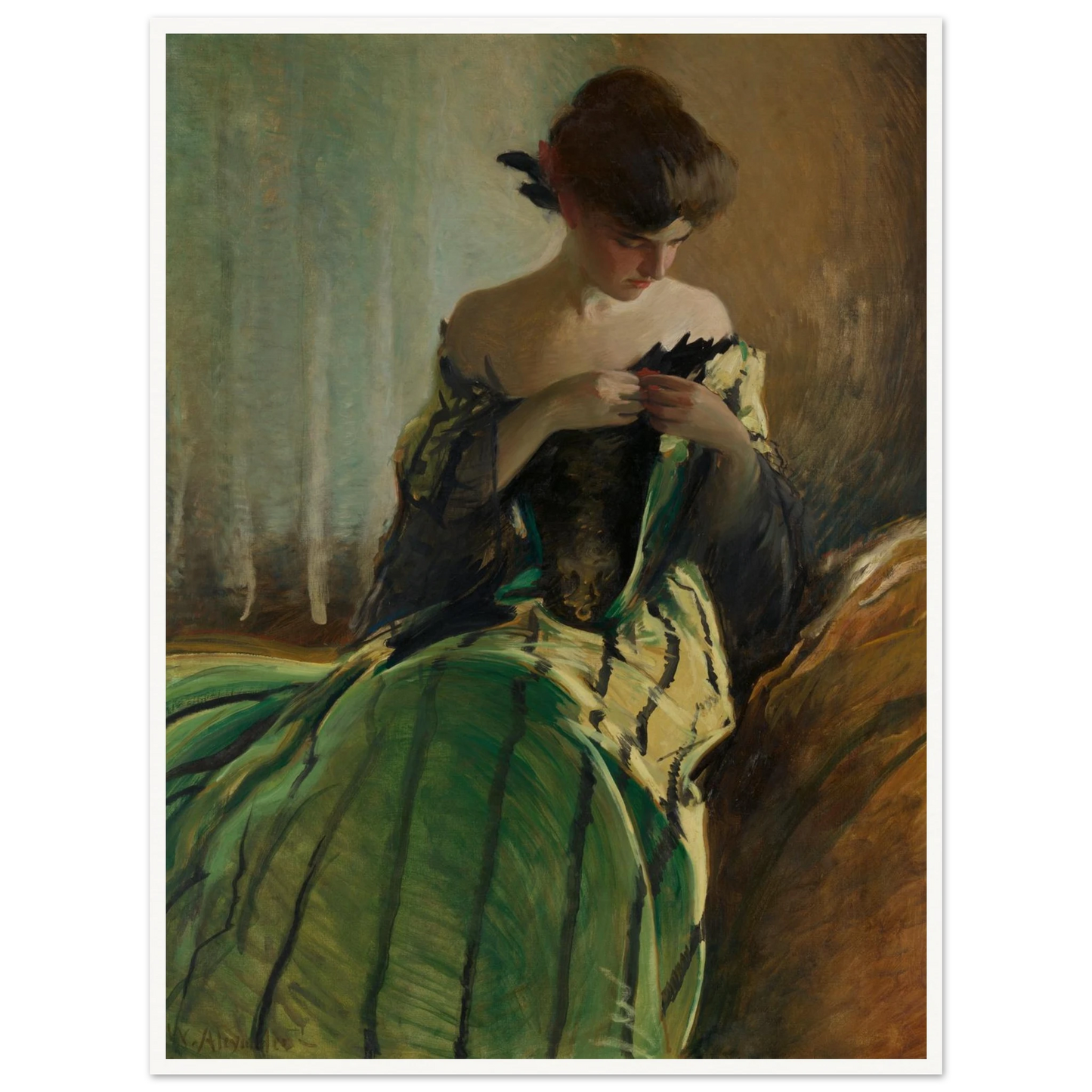Woman in green and black evening gown pins a detail at her neckline against a muted background