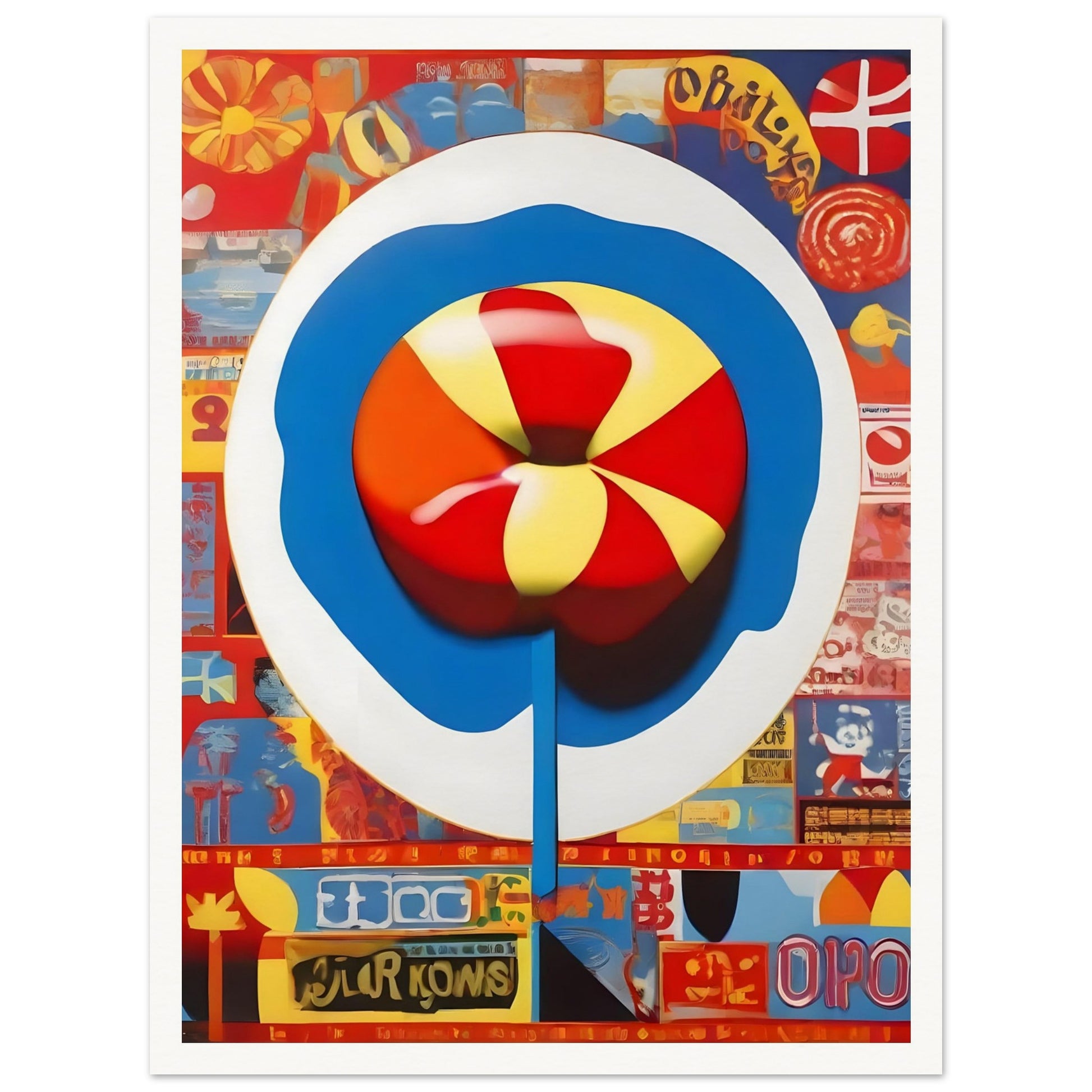 Colorful painting featuring a bold lollipop design at the center surrounded by retro-inspired pop art elements and vibrant patterns.