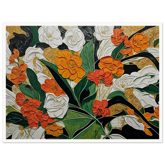 A vibrant painting featuring an array of white and orange flowers, interwoven with lush green leaves and intricate golden details, set against a dynamic black and gold background.