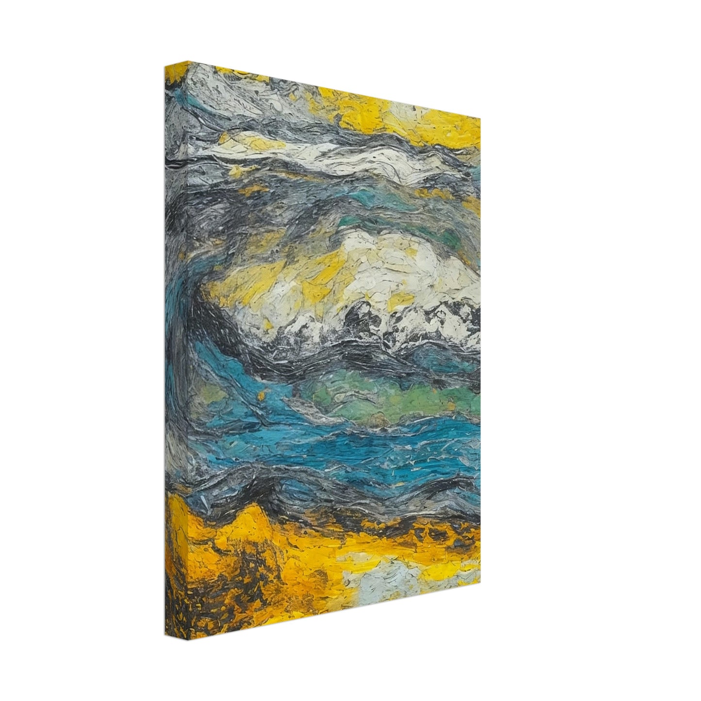 An expressive abstract painting capturing the essence of a stormy landscape with swirling colors and textures, predominantly in shades of yellow, blue, and gray. The dynamic movement and thick application of paint evoke a sense of turbulence and natural power.