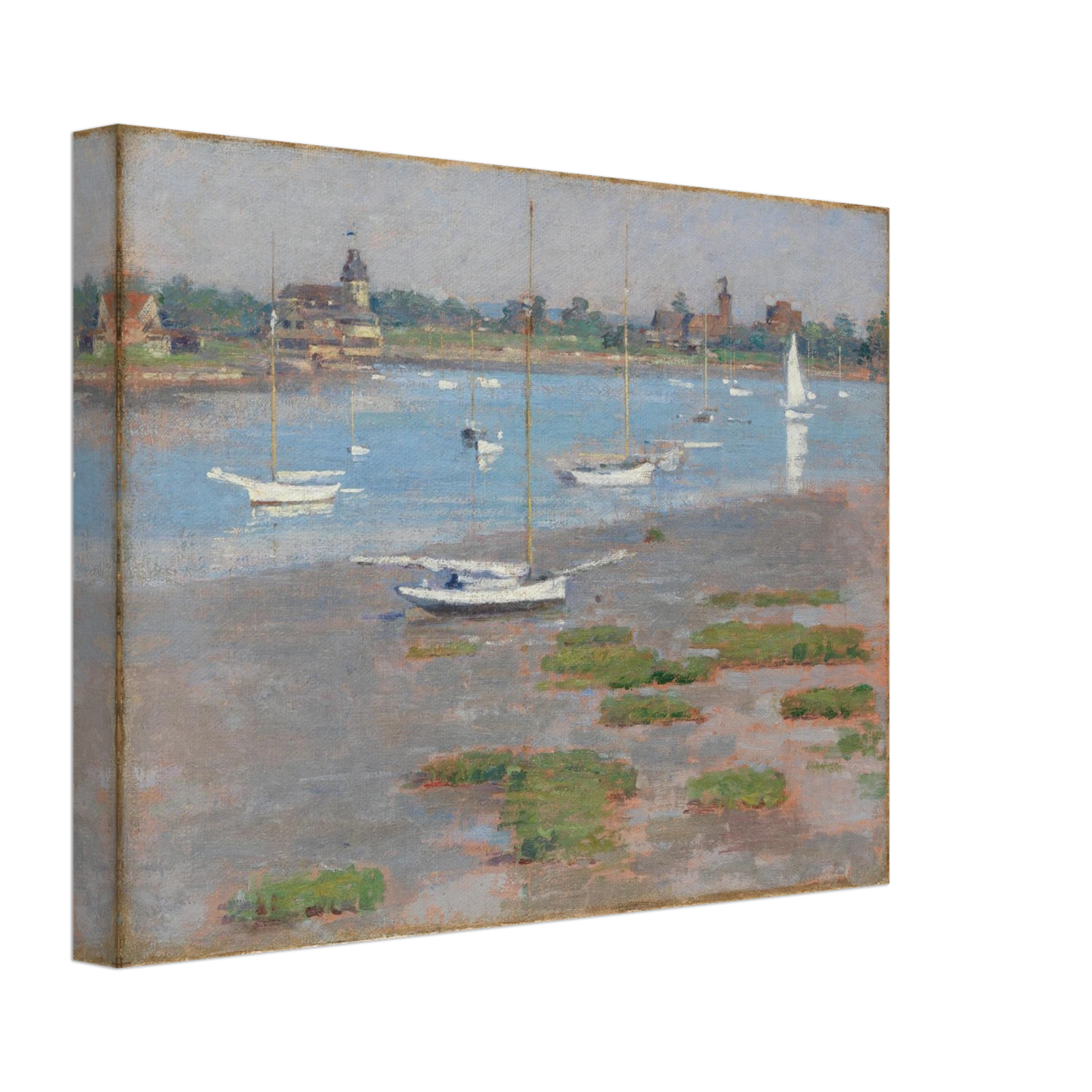 Sailboats rest at low tide near Riverside Yacht Club under hazy blue skies