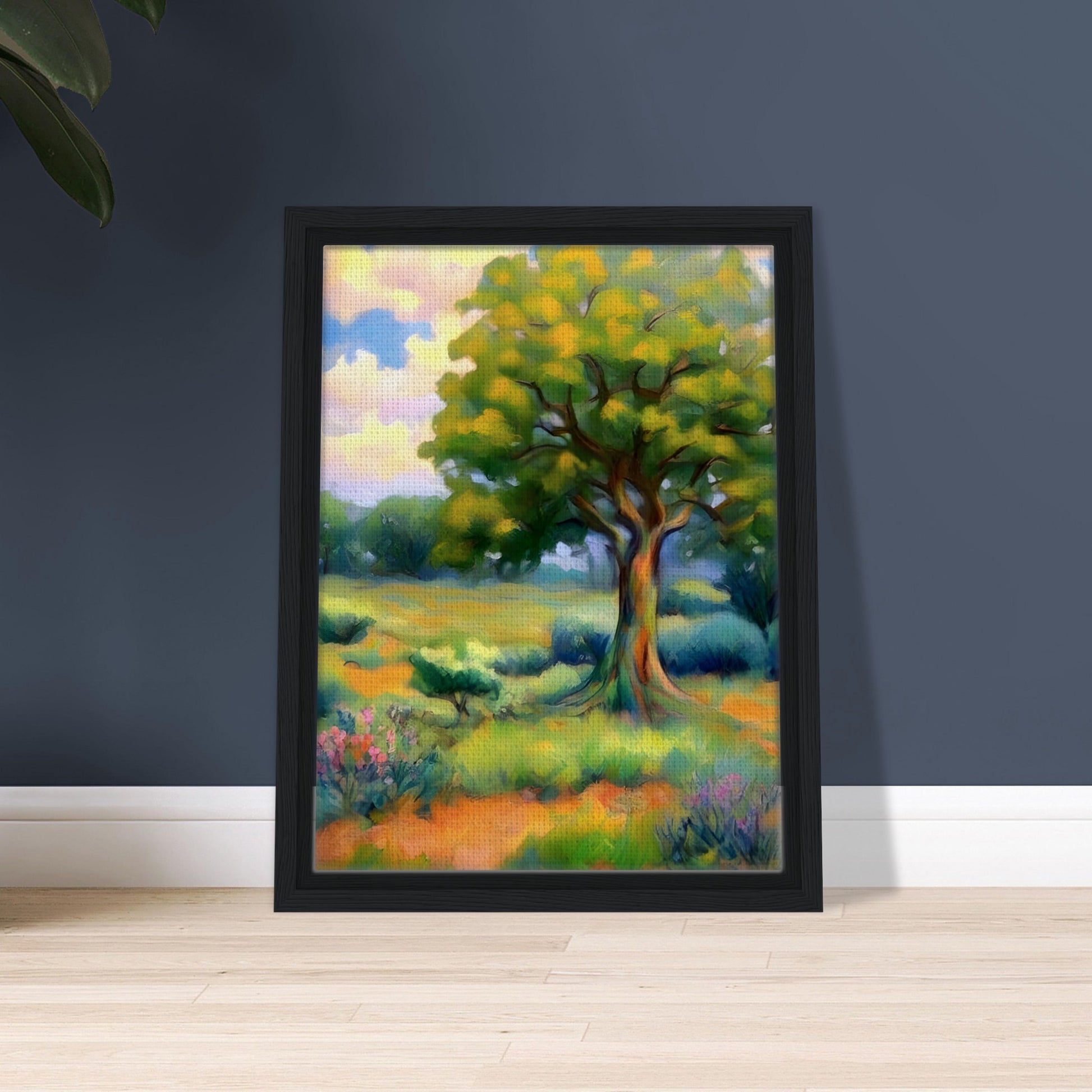 A lush, vibrant landscape featuring a majestic tree with golden-green leaves standing in a sunlit meadow, surrounded by wildflowers and rolling hills under a bright sky.