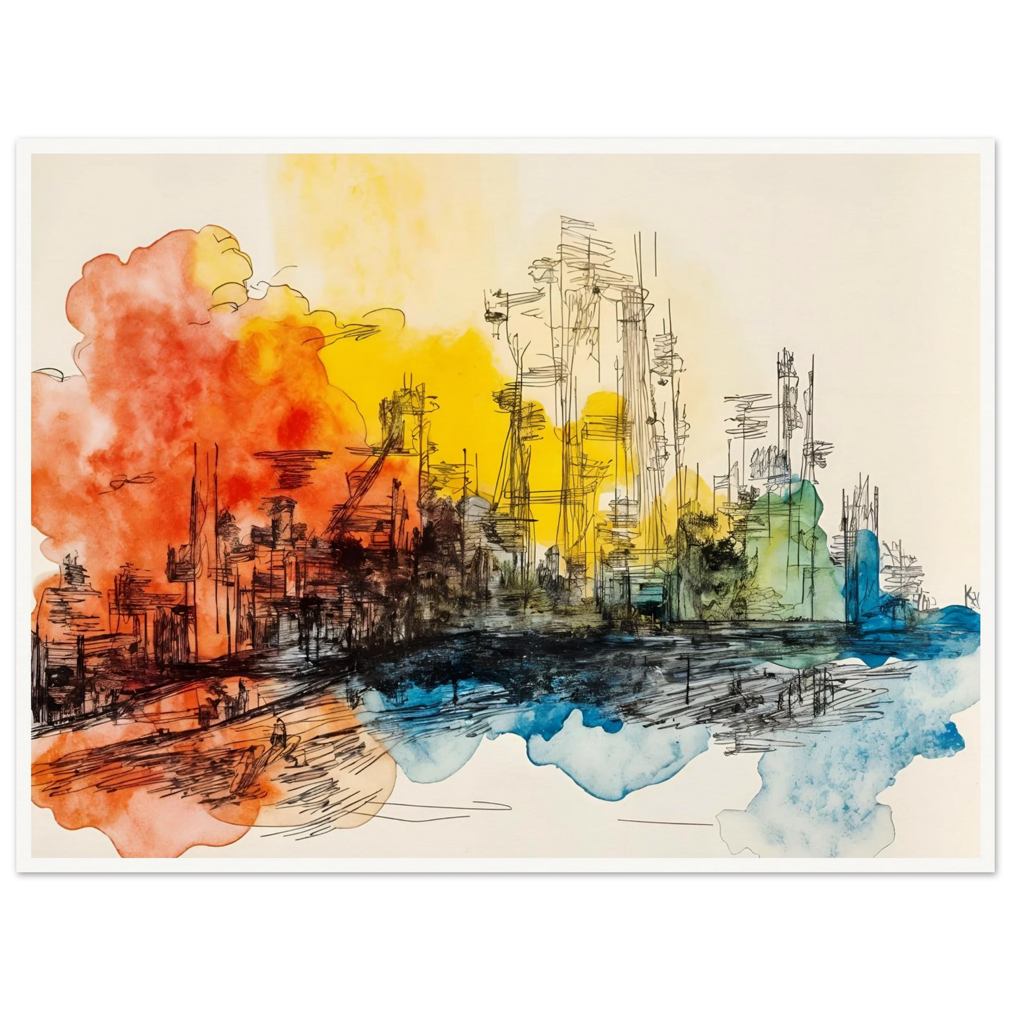 Ink city skyline with orange, yellow, and blue watercolor washes across a bright urban scene.