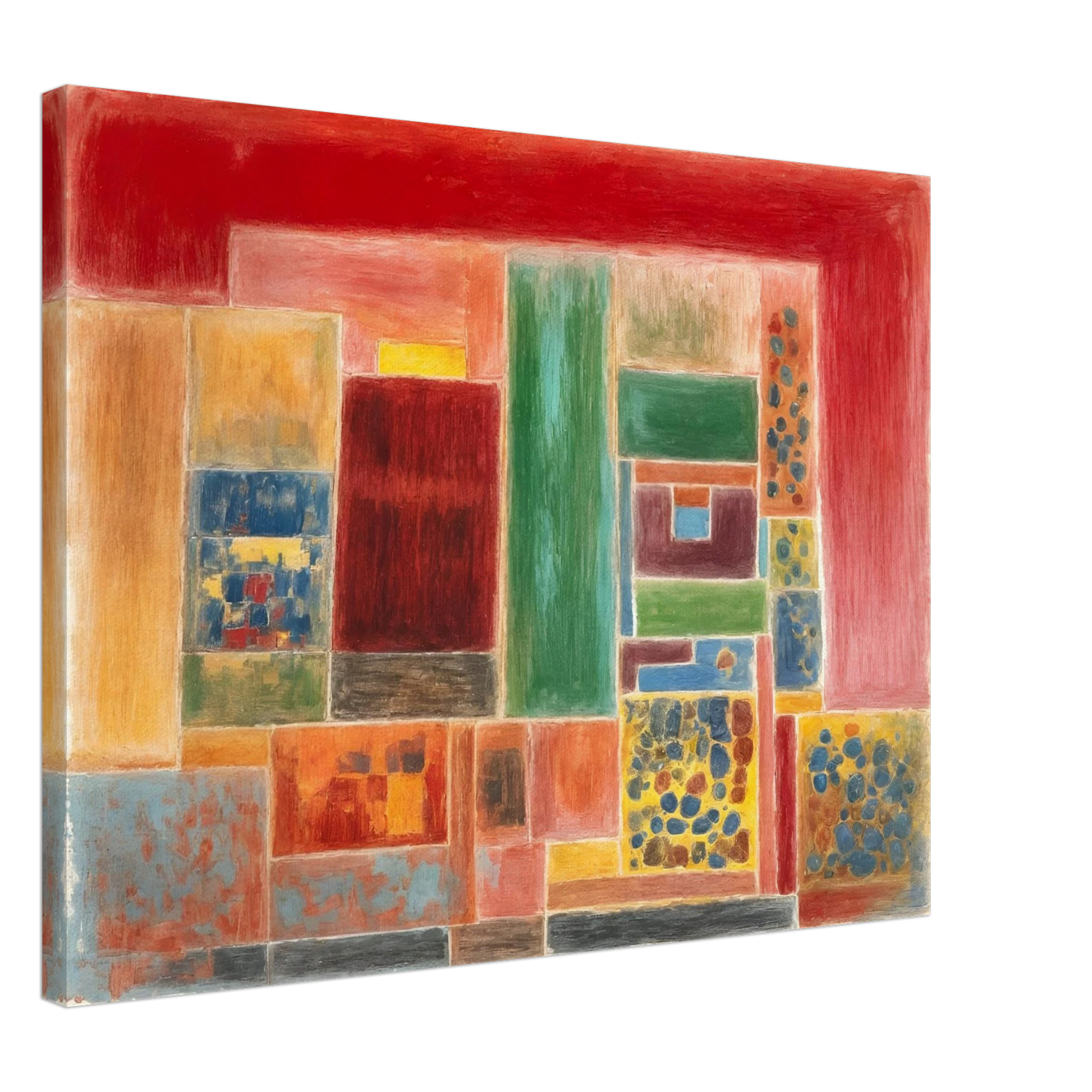 A vivid patchwork of red, green, yellow, and blue rectangles forming a rhythmic grid of warmth and texture.