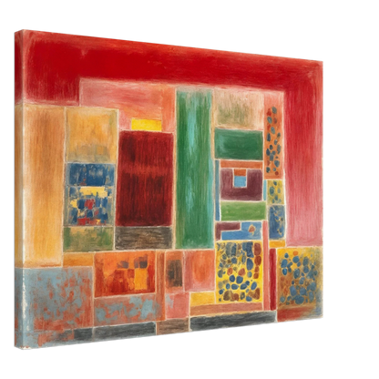 A vivid patchwork of red, green, yellow, and blue rectangles forming a rhythmic grid of warmth and texture.