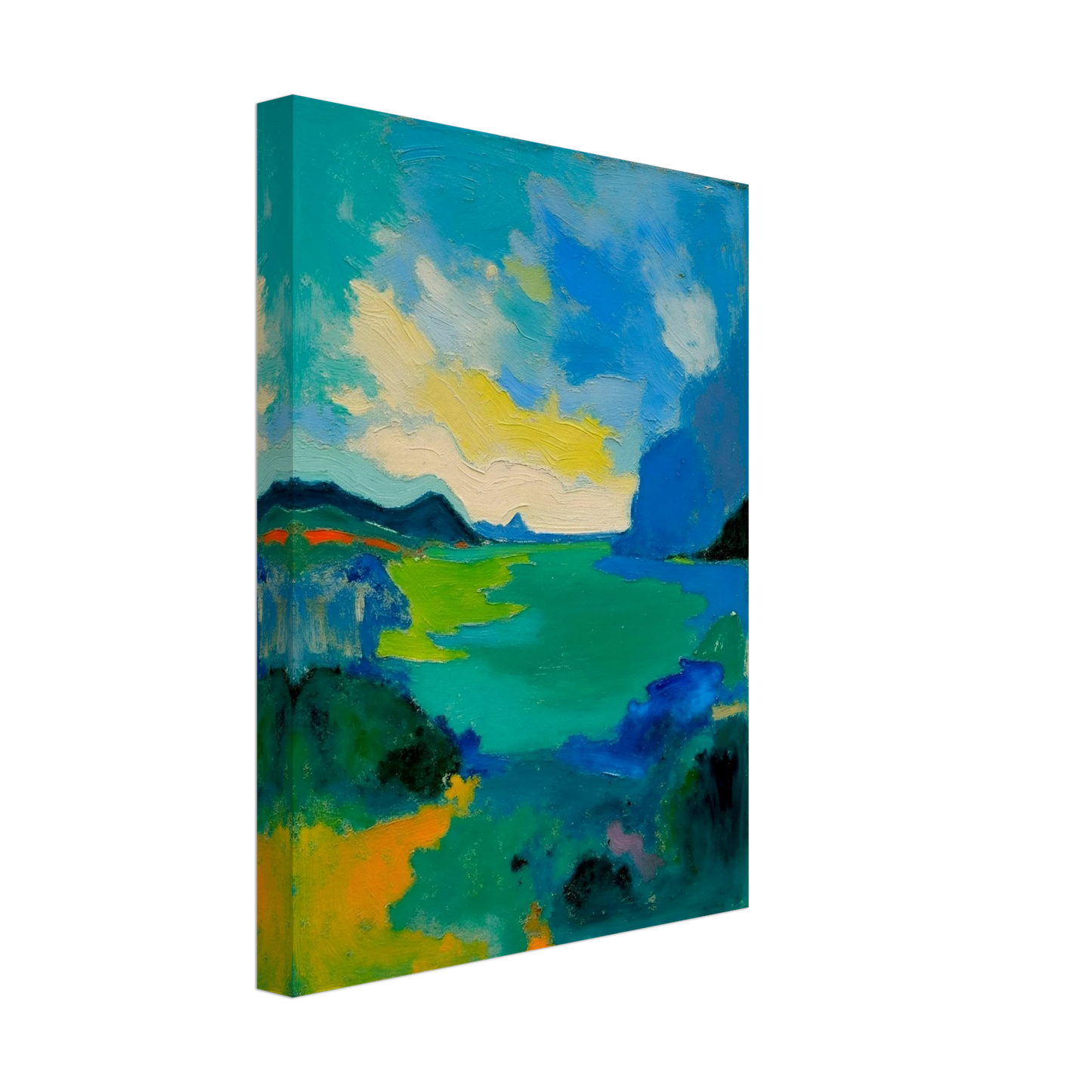 Vivid turquoise waters stretch beneath sweeping blue skies, framed by dark hills and glowing green shorelines.