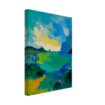 Vivid turquoise waters stretch beneath sweeping blue skies, framed by dark hills and glowing green shorelines.