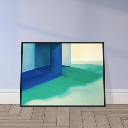 Blue architectural forms meet soft turquoise shores and pale horizons, creating a calm coastal retreat.