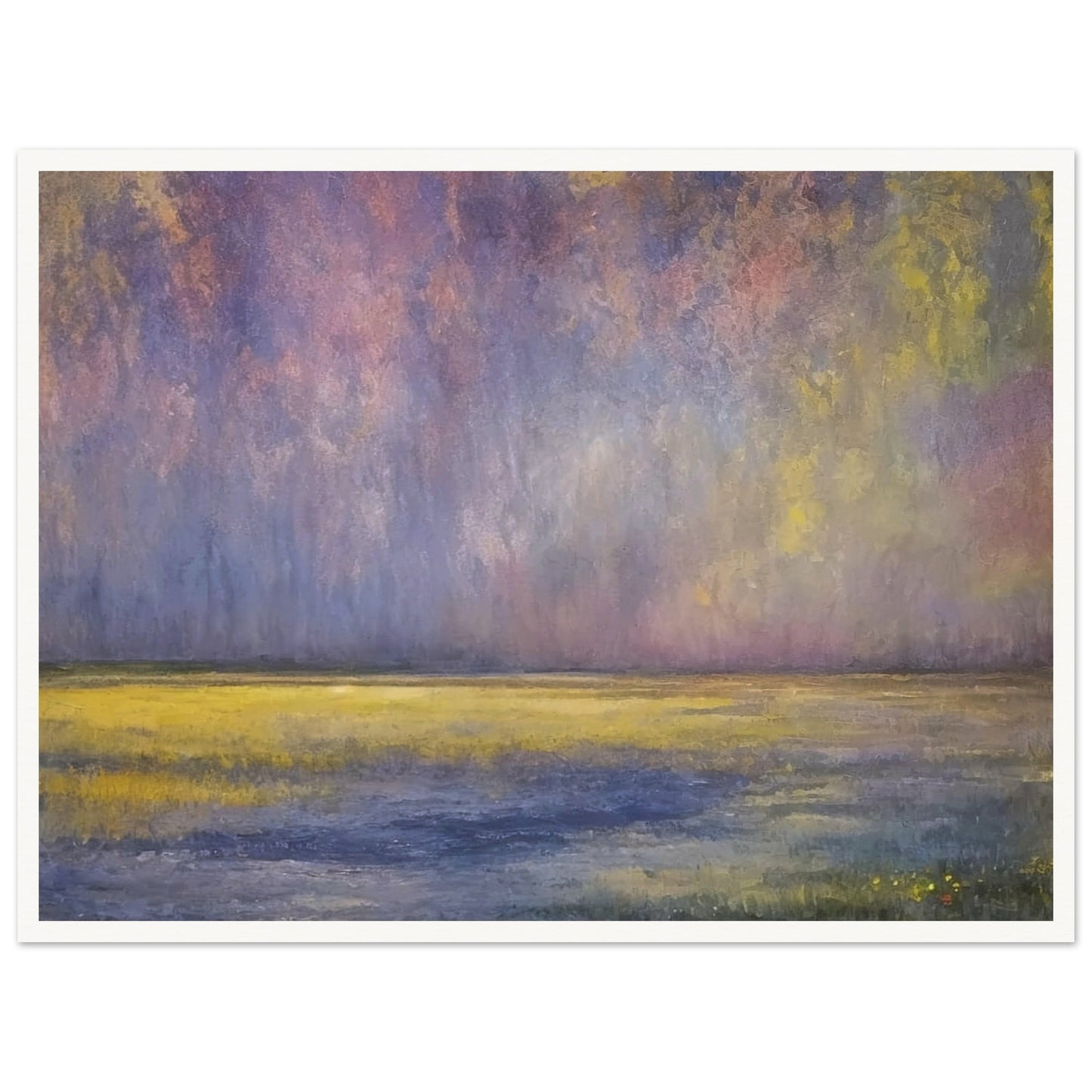 A serene landscape painting with a twilight sky filled with soft purple, pink, and yellow hues over a tranquil grassy field.