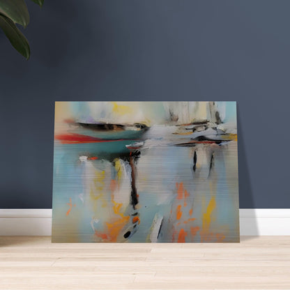 An abstract painting with soft, blurred colors reflecting on a calm water surface, creating a serene and tranquil atmosphere.