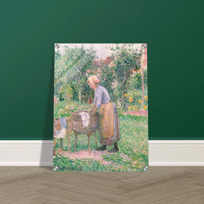 A Pointillist painting of a washerwoman hard at work, scrubbing linens and clothing in one barrel and rinsing them in another. 