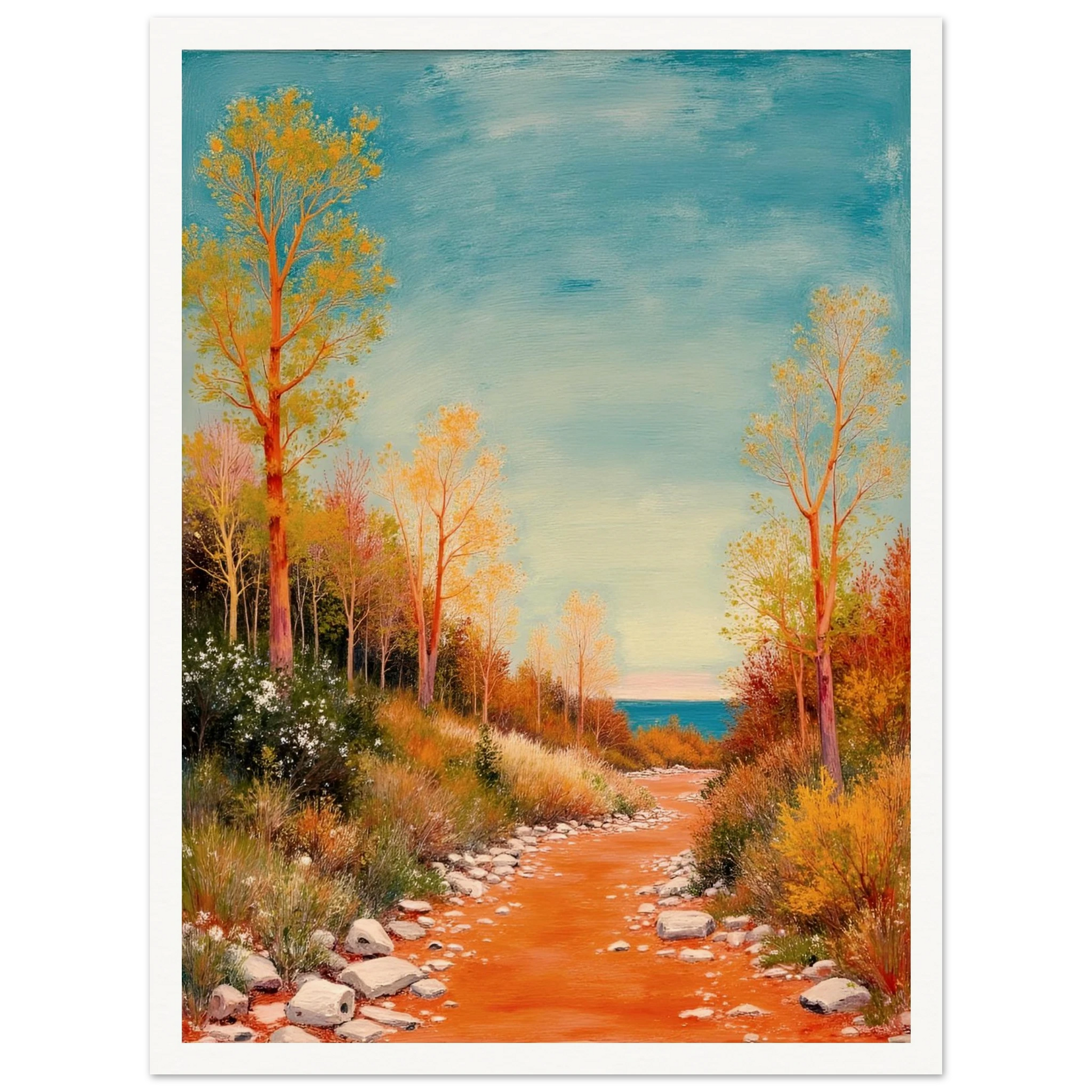 A vivid autumn trail lined with golden trees leads to a calm blue horizon, blending warmth, peace, and gentle adventure.