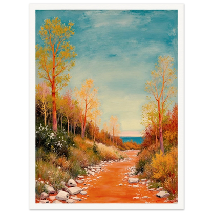 A vivid autumn trail lined with golden trees leads to a calm blue horizon, blending warmth, peace, and gentle adventure.