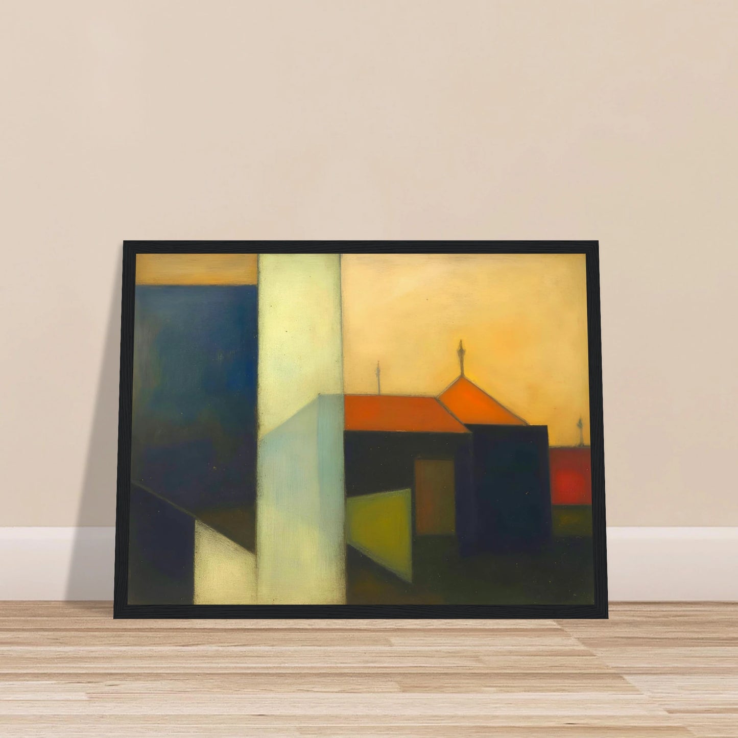 A minimalist expressionist townscape featuring geometric buildings in deep blue, cream, and black tones, accented by warm orange rooftops beneath a glowing golden sky.