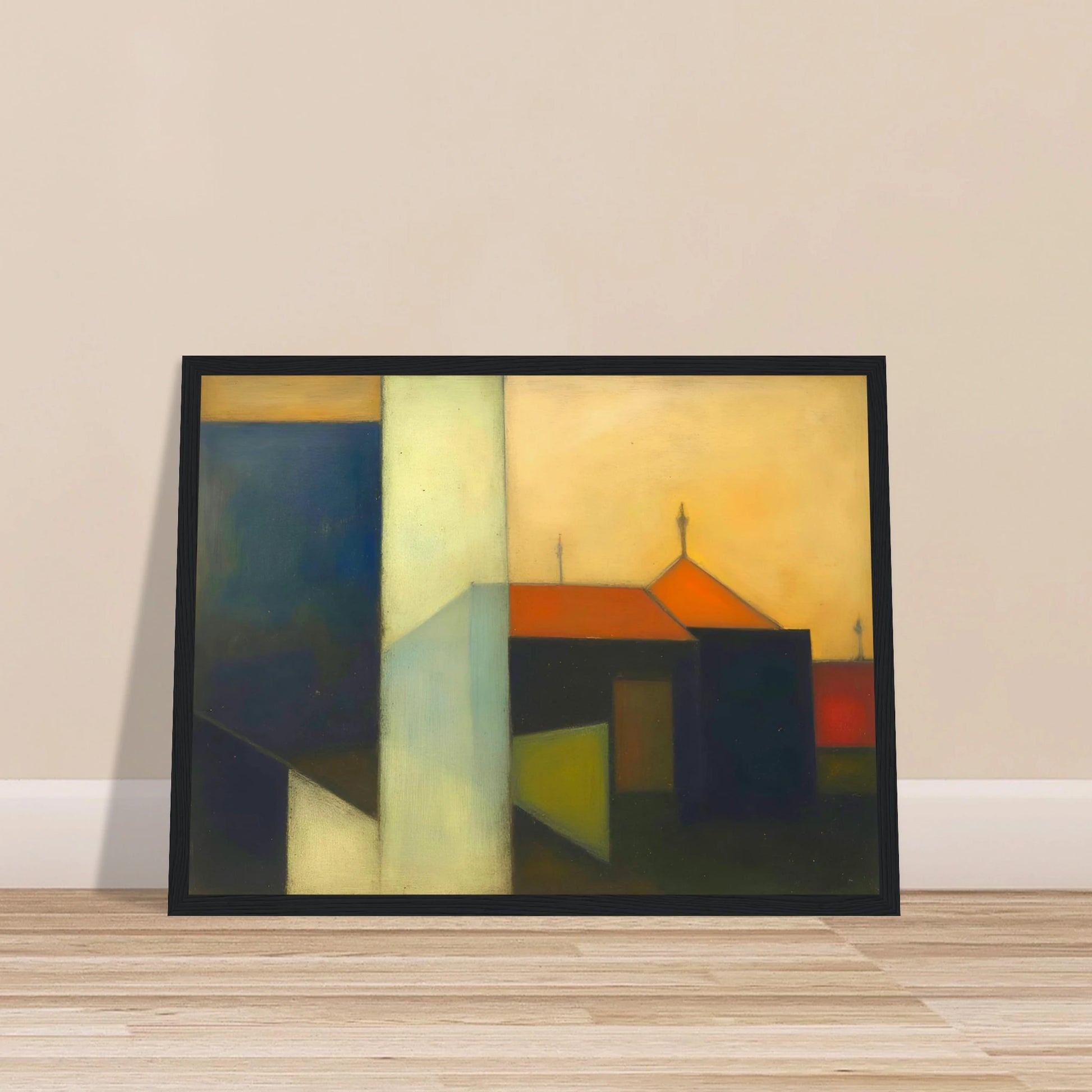 A minimalist expressionist townscape featuring geometric buildings in deep blue, cream, and black tones, accented by warm orange rooftops beneath a glowing golden sky.