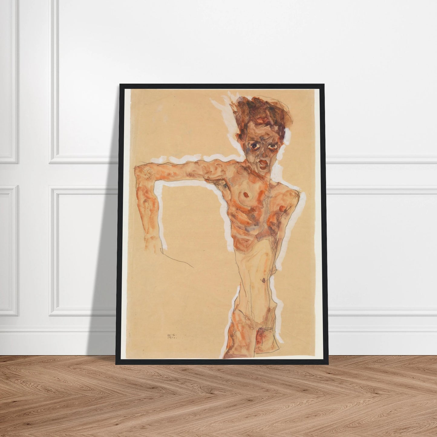 A gaunt male figure twists sharply, rendered in orange-brown washes and dark lines on tan paper.
