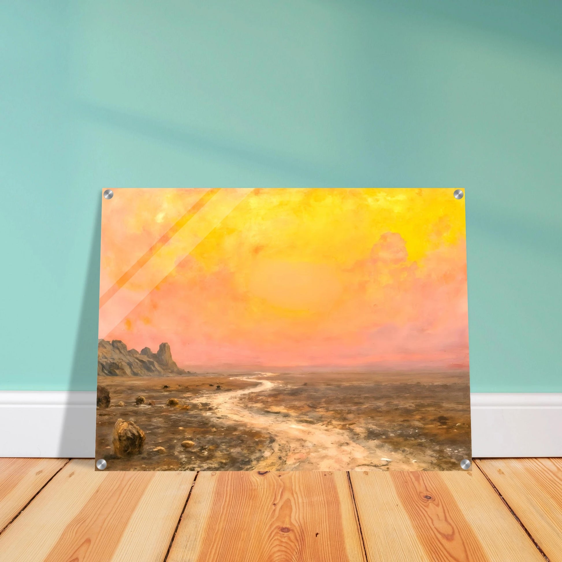 A vast desert plain beneath glowing yellow and pink skies, with a winding pale path leading toward distant rocky formations.