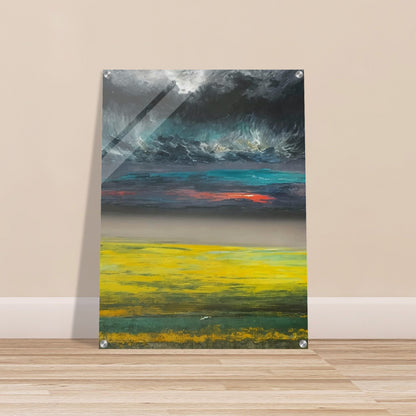 A dramatic landscape painting featuring a vibrant yellow field under a dark, stormy sky with a hint of sunset colors.