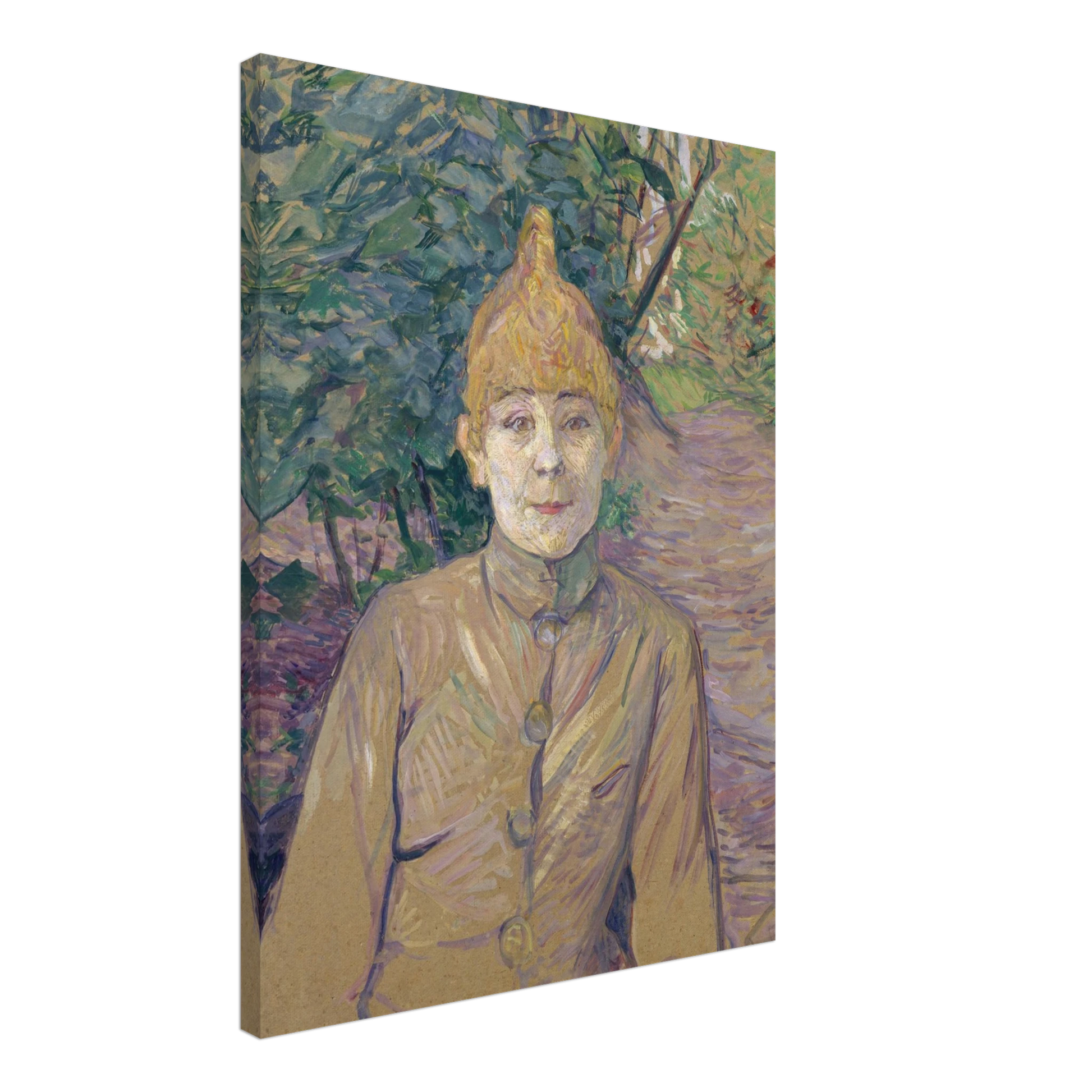 Woman in a garden stands beneath dense green foliage with a path and trees behind her