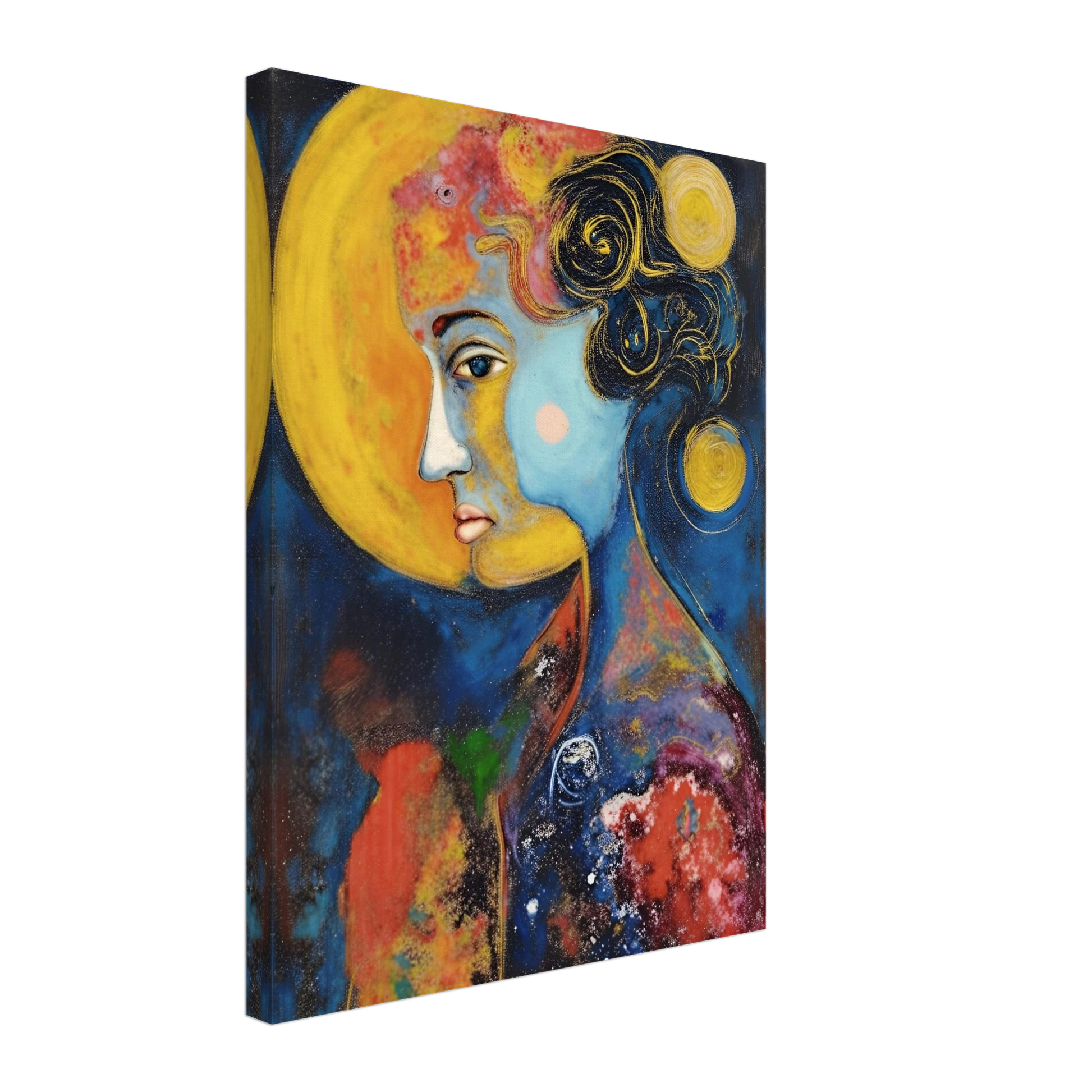 Blue celestial portrait with golden moons, dark curls, and vivid red and yellow cosmic textures.