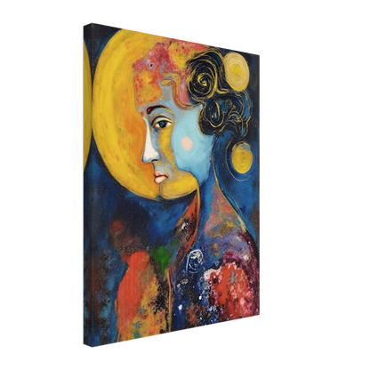 Blue celestial portrait with golden moons, dark curls, and vivid red and yellow cosmic textures.